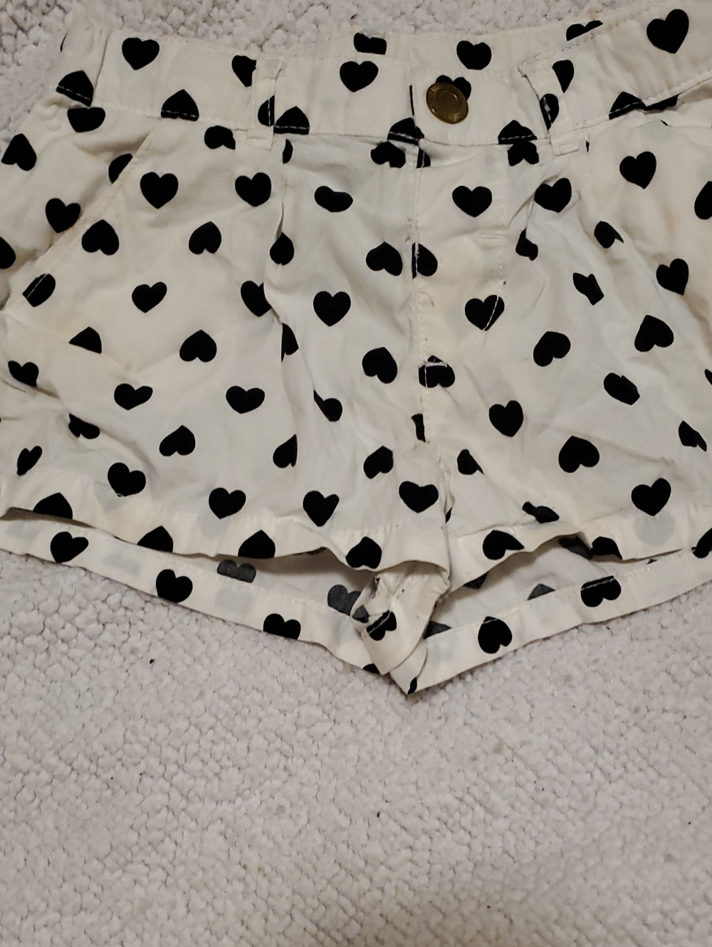 Girls' White Shorts with Black Heart Print - Casual Elastic Waist